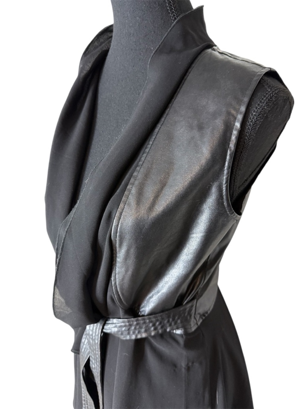 SO NICE Black Faux Leather Chiffon Tunic Vest Asymmetrical Tie Belt Size Medium